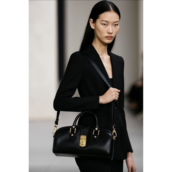Francesco Rogani Black Leather Structured Handbag Gold Hardware Top Handle - Picture 1 of 16